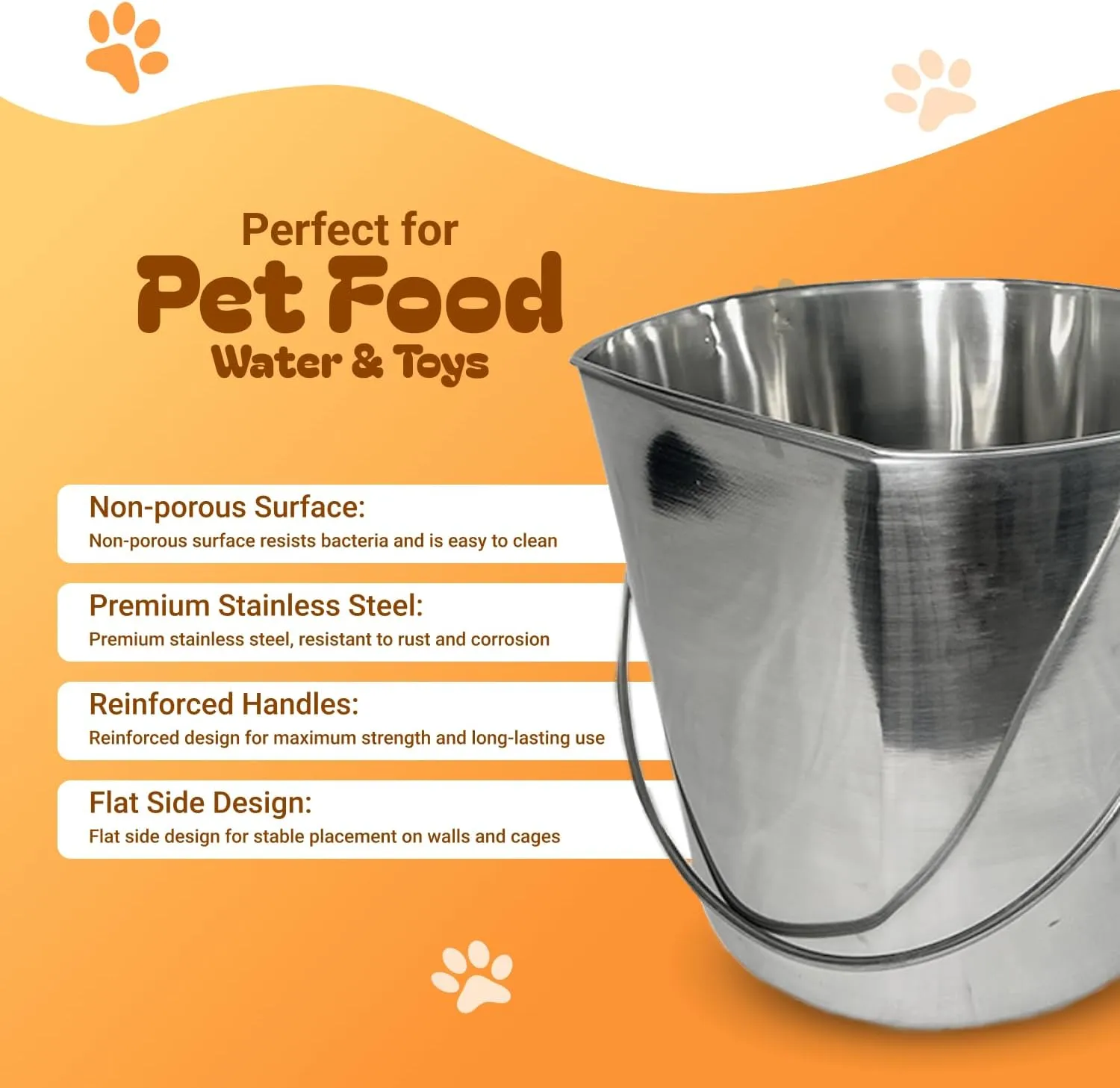 13 Quart Heavy Duty Stainless Steel Flat Side Bucket | Durable Food & Water Pail for Dogs, Cats, Kennels, Cages and Critter Crates | Multi-Purpose Bucket