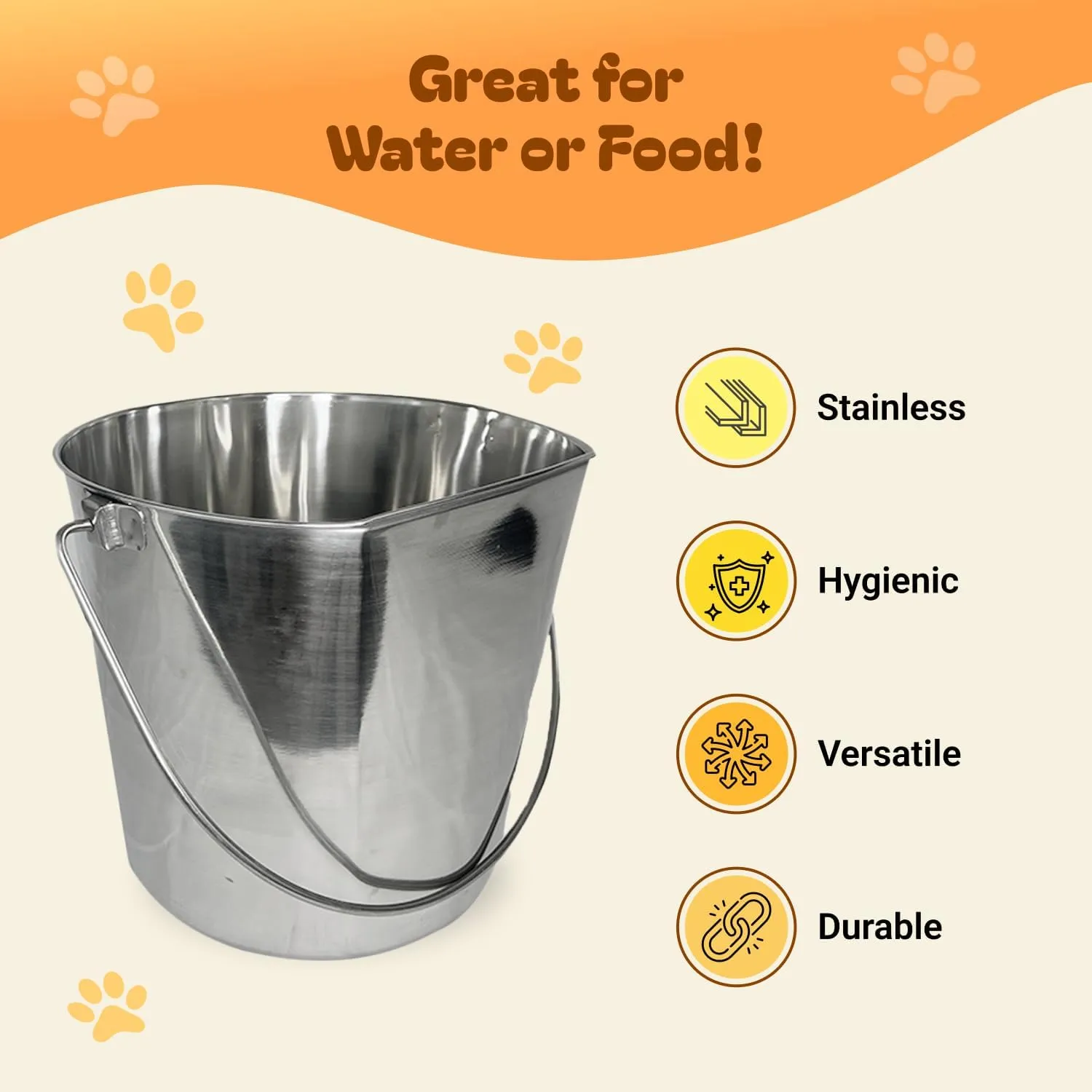 13 Quart Heavy Duty Stainless Steel Flat Side Bucket | Durable Food & Water Pail for Dogs, Cats, Kennels, Cages and Critter Crates | Multi-Purpose Bucket
