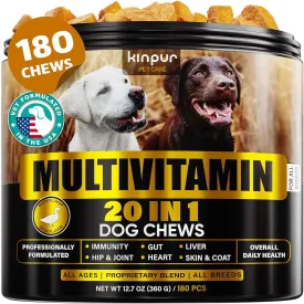 20-in-1 Dog Multivitamin Supplements - Immunity, Digestion, Joint and Heart Health Support - Natural Dog Vitamins with Biotin, Msm, Cranberry, Glucosamine for Dogs - 180 Chews