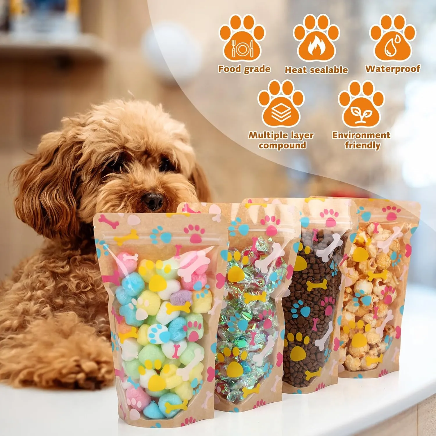 200 Pcs Paw Patterns Treat Bags Kraft Treat Bags for Dogs, Stand up Resealable Pouches with Clear Window Paper Zipper Closure Pouches for Pet Candy Cookies Food (4.7 x 7.7 Inches)