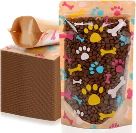 200 Pcs Paw Patterns Treat Bags Kraft Treat Bags for Dogs, Stand up Resealable Pouches with Clear Window Paper Zipper Closure Pouches for Pet Candy Cookies Food (4.7 x 7.7 Inches)