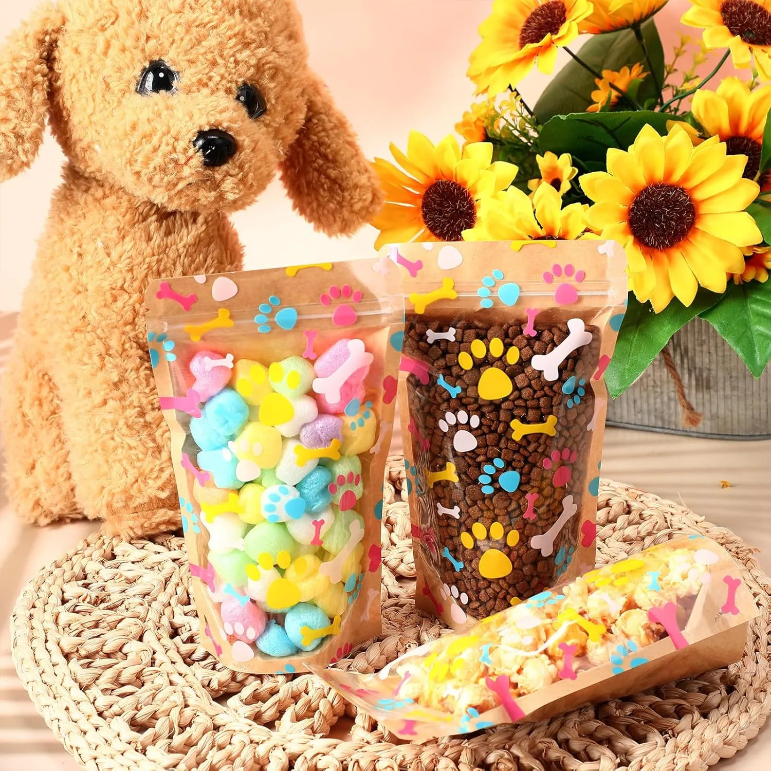 200 Pcs Paw Patterns Treat Bags Kraft Treat Bags for Dogs, Stand up Resealable Pouches with Clear Window Paper Zipper Closure Pouches for Pet Candy Cookies Food (4.7 x 7.7 Inches)