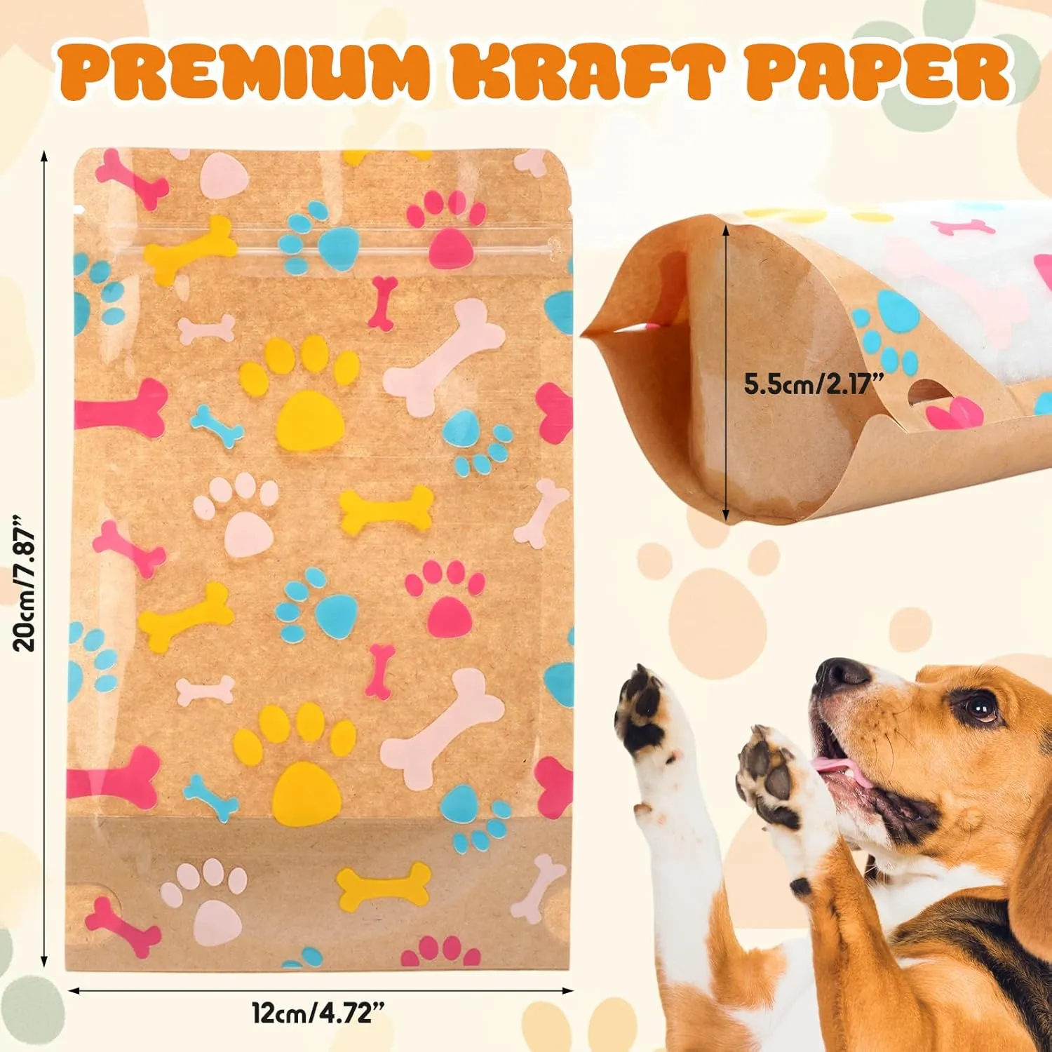 200 Pcs Paw Patterns Treat Bags Kraft Treat Bags for Dogs, Stand up Resealable Pouches with Clear Window Paper Zipper Closure Pouches for Pet Candy Cookies Food (4.7 x 7.7 Inches)