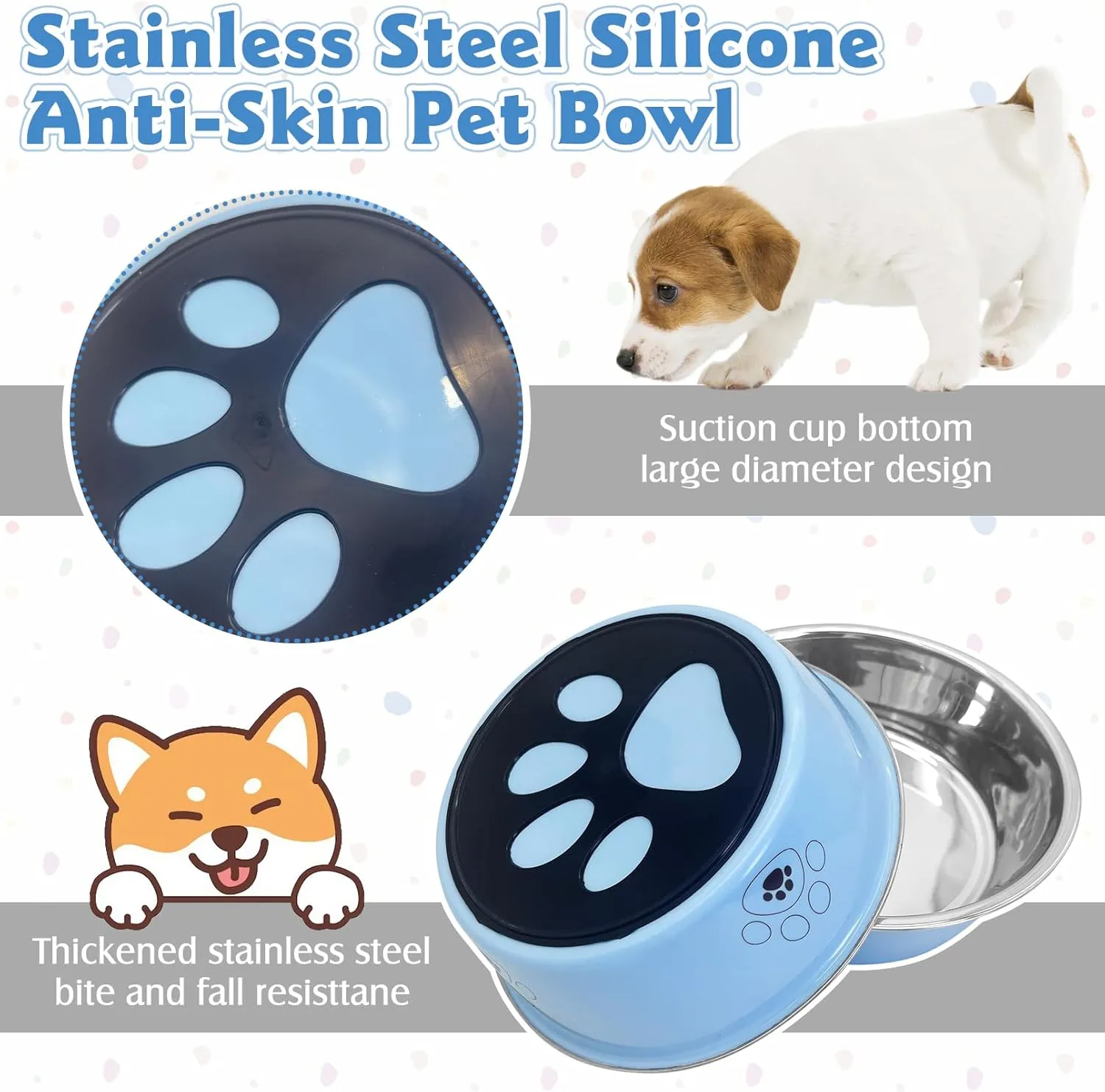 2PCS Stainless Steel Dog Bowls, 27 OZ Non-Slip Puppy Bowls with Suction Cup Silicone Bottom Large Capacity Metal Cat Food and Water Bowls Rubber Base Pet Dish for Small Medium Large Cats Dogs