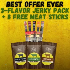 3-Flavor Traditional Beef Jerky Pack   8 FREE Meat Sticks