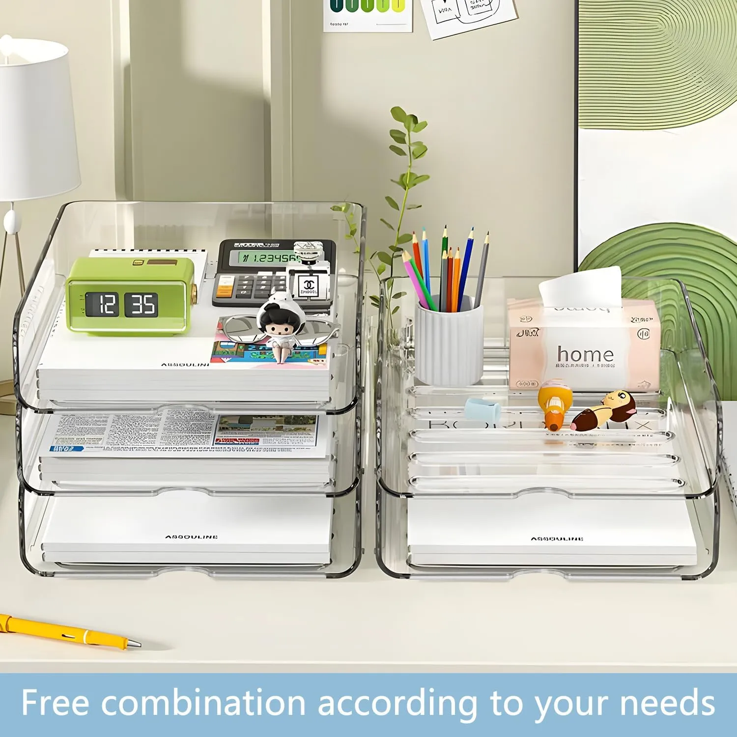 4-Tier Paper Organizer for Desk, Stackable Desk Organizer Paper Tray, Ideal for Office Supplies, A4 Storage (Clear, 4-Tier)