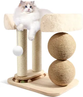 5-in-1 Small Cat Tree with Cat House & Scratching Posts, Sisal-Covered Scratch Poles with Tower Soft Bed, Hanging Ball Toy, Reversible Cushion & Stable Base Kitten Supplies for Indoor Cats