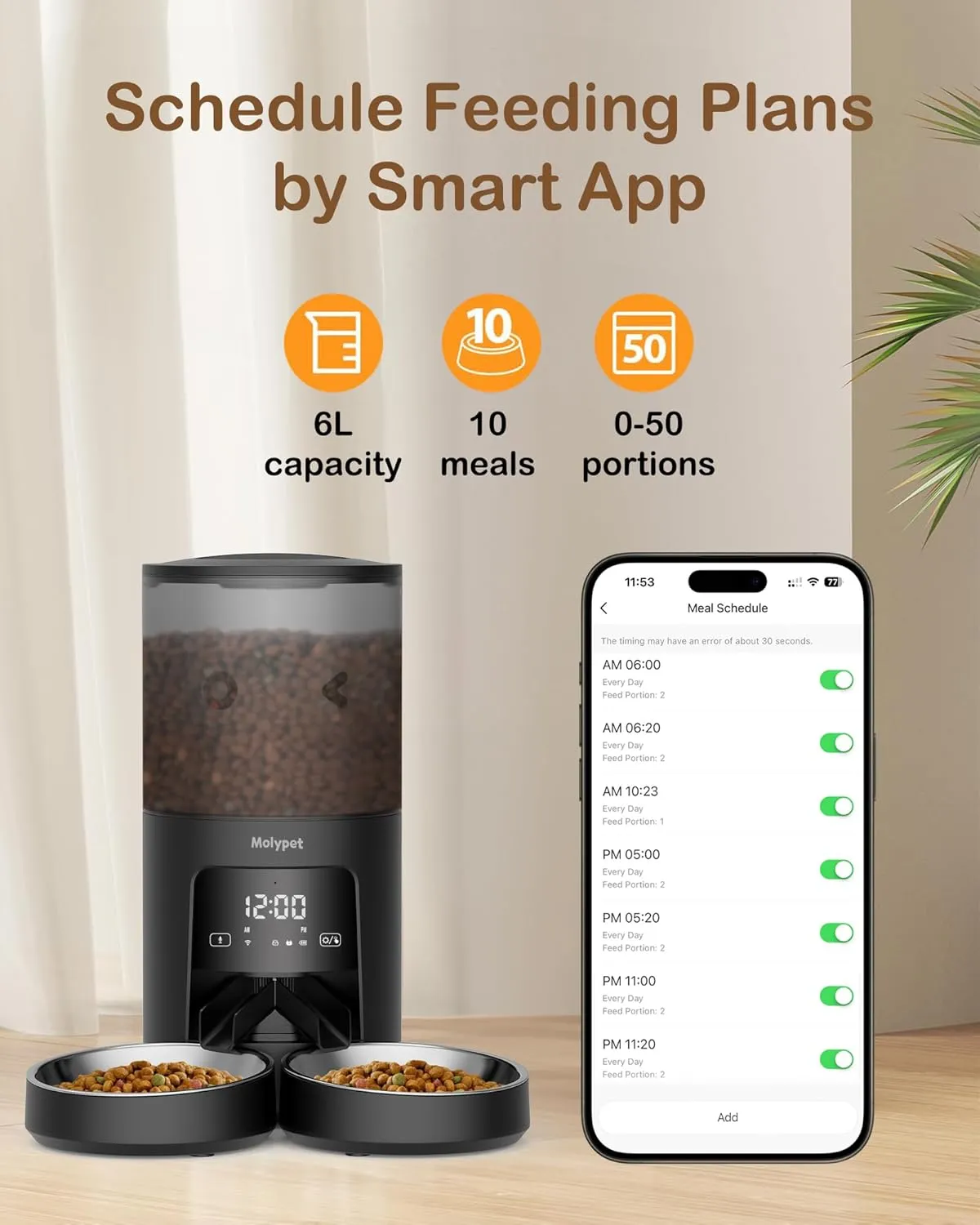Automatic Cat Feeder 2 Cats - 5G WiFi Pet Feeder with APP Control, 6L Dry Food Dog Feeder with Low Food & Blockage Alarms, 1-10 Meals Per Day