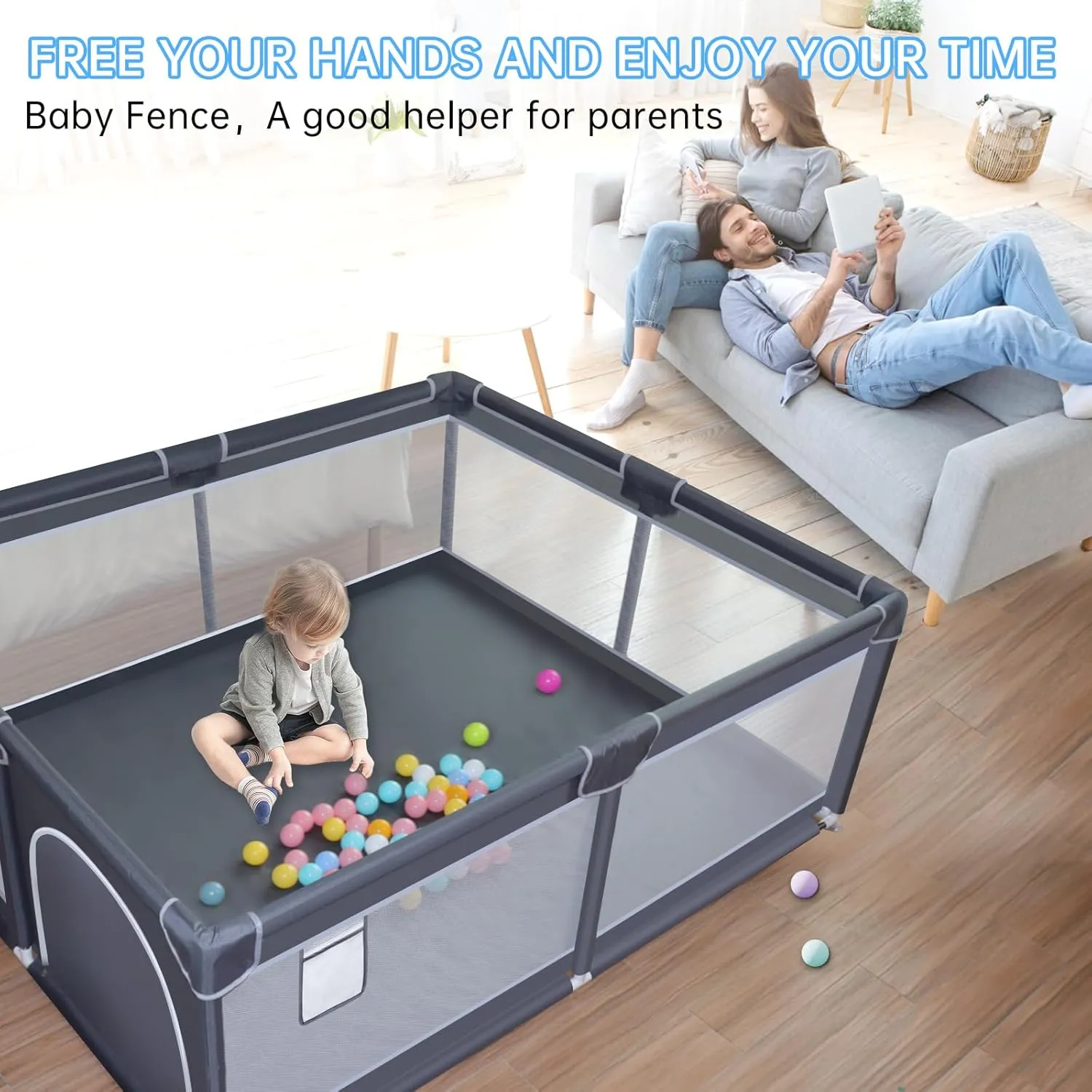 Baby Playpen, 50 x 50 inch Baby Playard, Playpen for Babies and Toddlers, Baby Fence Play Pen for Indoor & Outdoor, with Soft Breathable Mesh,No Gaps Playpen for Babies, Grey