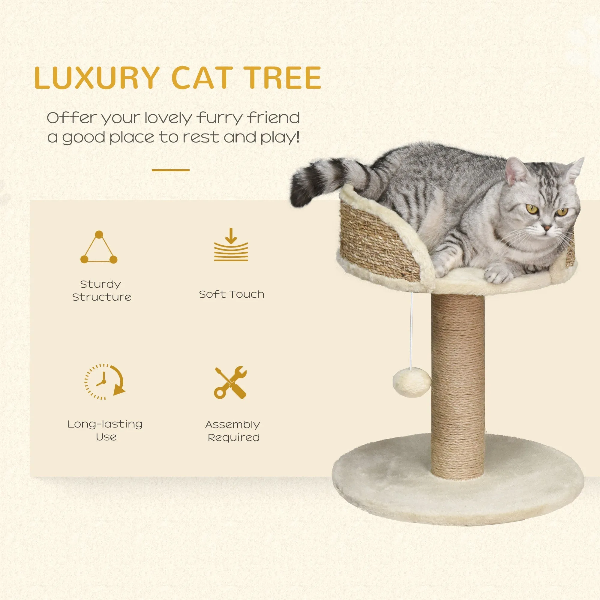 Basics Cat Tree Tower With Bed and Scratching Post,Cat Scratching Post Activity Center Kitten House with Dangling Ball Perch Beige