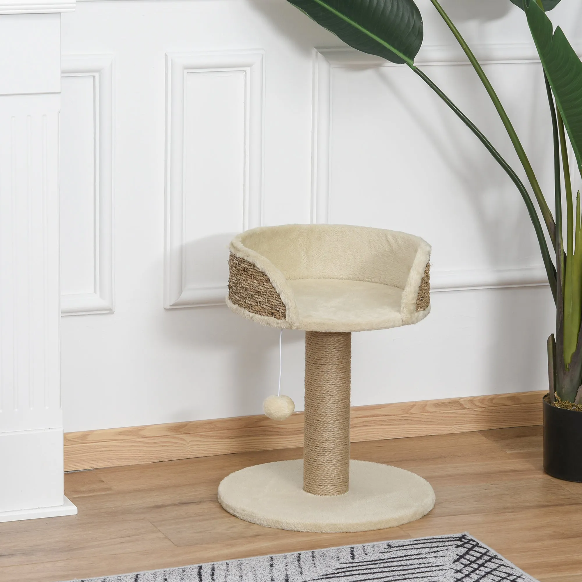 Basics Cat Tree Tower With Bed and Scratching Post,Cat Scratching Post Activity Center Kitten House with Dangling Ball Perch Beige