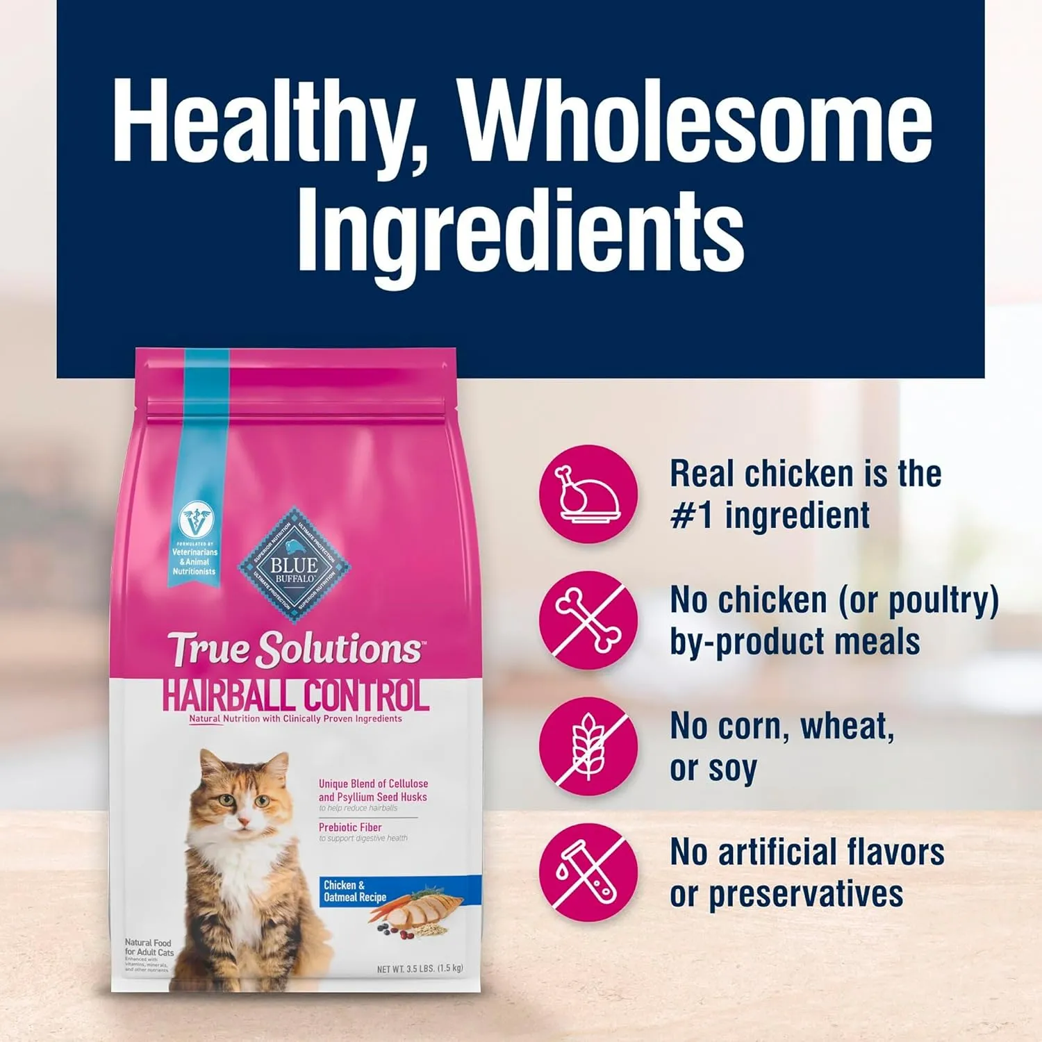 Blue Buffalo True Solutions Hairball Control Natural Dry Cat Food for Adult Cats, Chicken, 3.5-lb. Bag
