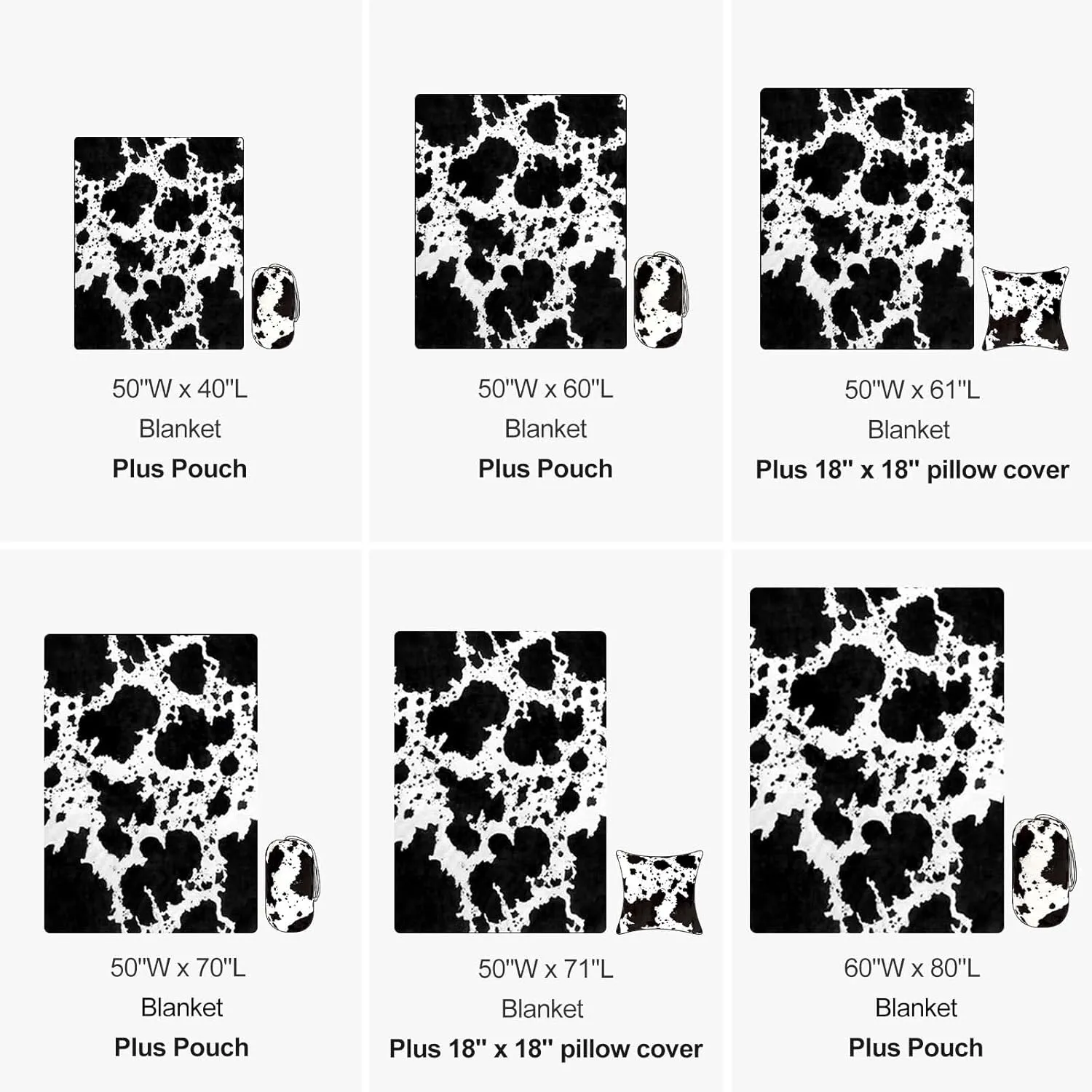 BNuitland Black Cow Print Flannel Blanket (50x70 Inches) with Storage pouch, 300 GSM Double Sided Super Soft Cozy Fleece Outdoor Lap Bed Throw, Gift for Adults and Kids, Lightweight Fuzzy Cow Decor
