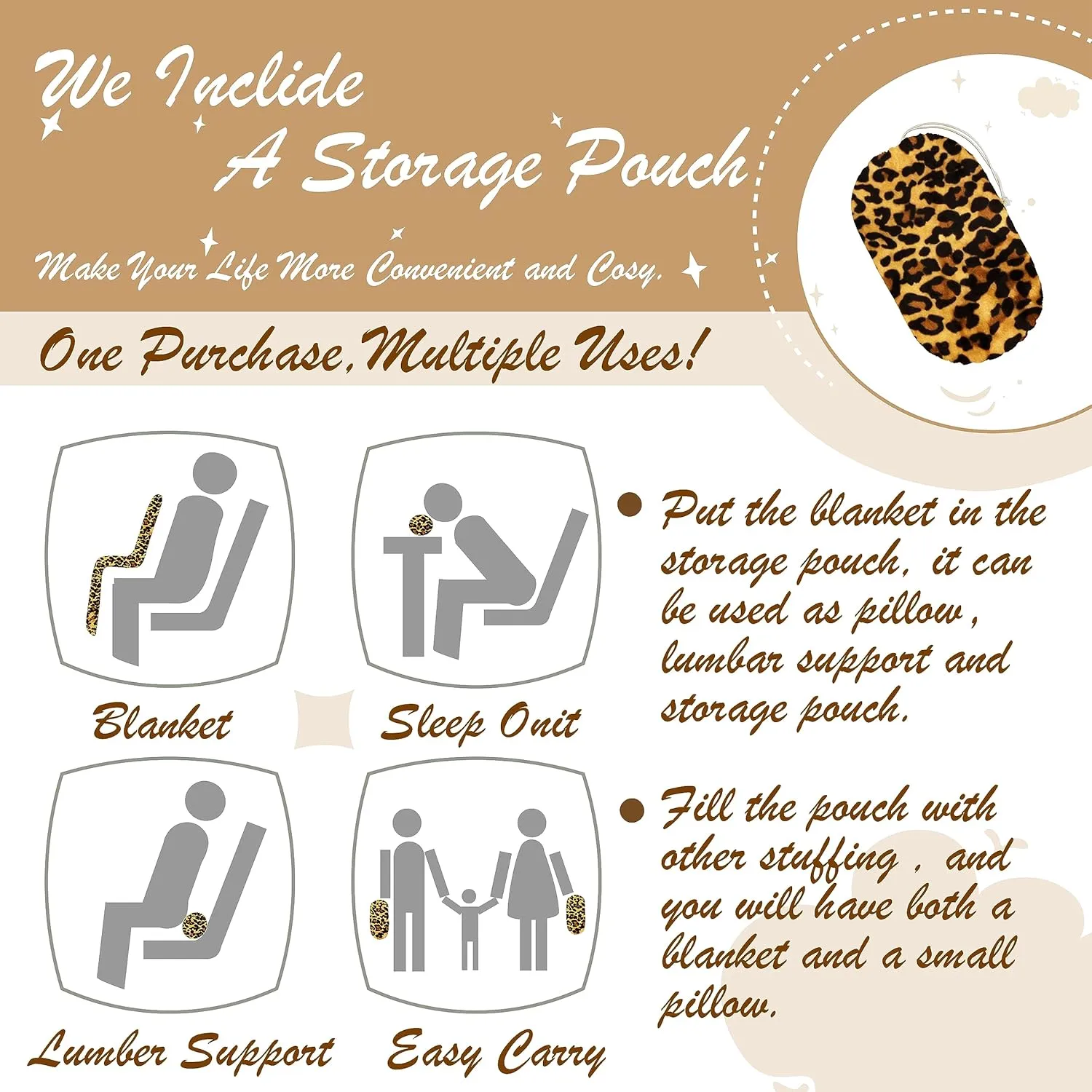 Bnuitland Leopard Print Fleece Flannel Throw (50x40inch) with Storage Pouch, 300 GSM Double Sided Lightweight for Bed Sofa Travel, Super Soft Fuzzy Fluffy Cheetah Print Blanket for Babys/Kids/Pets
