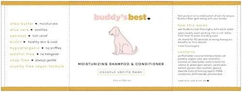 Buddy's Best Natural Coconut Vanilla Bean 2 in 1 Dog Shampoo Conditioner for Sensitive Skin - Anti-Itch Aloe Oatmeal, Moisturizing Shea Butter, with Added Biotin - Hypoallergenic - 16oz