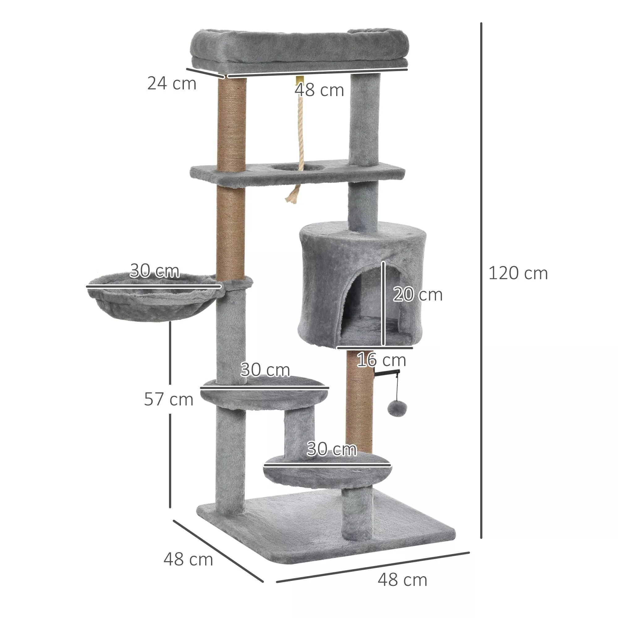 Cat Tree Cat Scratching Post 120cm with Jute Scratching Post Perch Hanging Ball Hammock Teasing Rope Condo Toy Light Grey