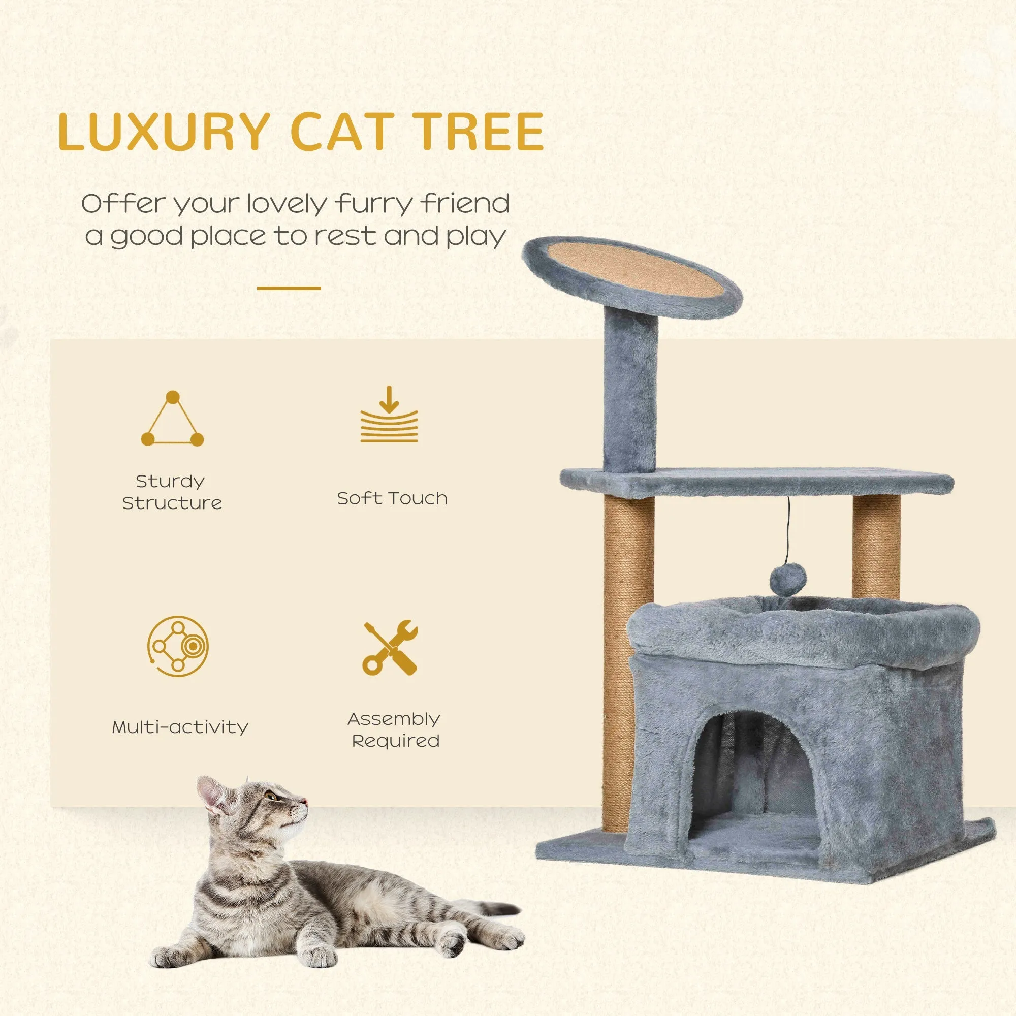 Cat Tree Tower Kitten Activity Center with Scratching Posts Pad Condo Perch Bed Interactive Ball Toy 48 x 48 x 84cm Grey