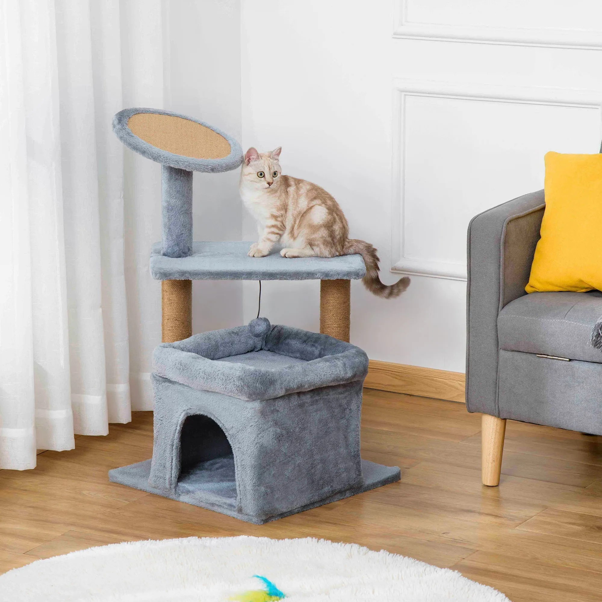 Cat Tree Tower Kitten Activity Center with Scratching Posts Pad Condo Perch Bed Interactive Ball Toy 48 x 48 x 84cm Grey