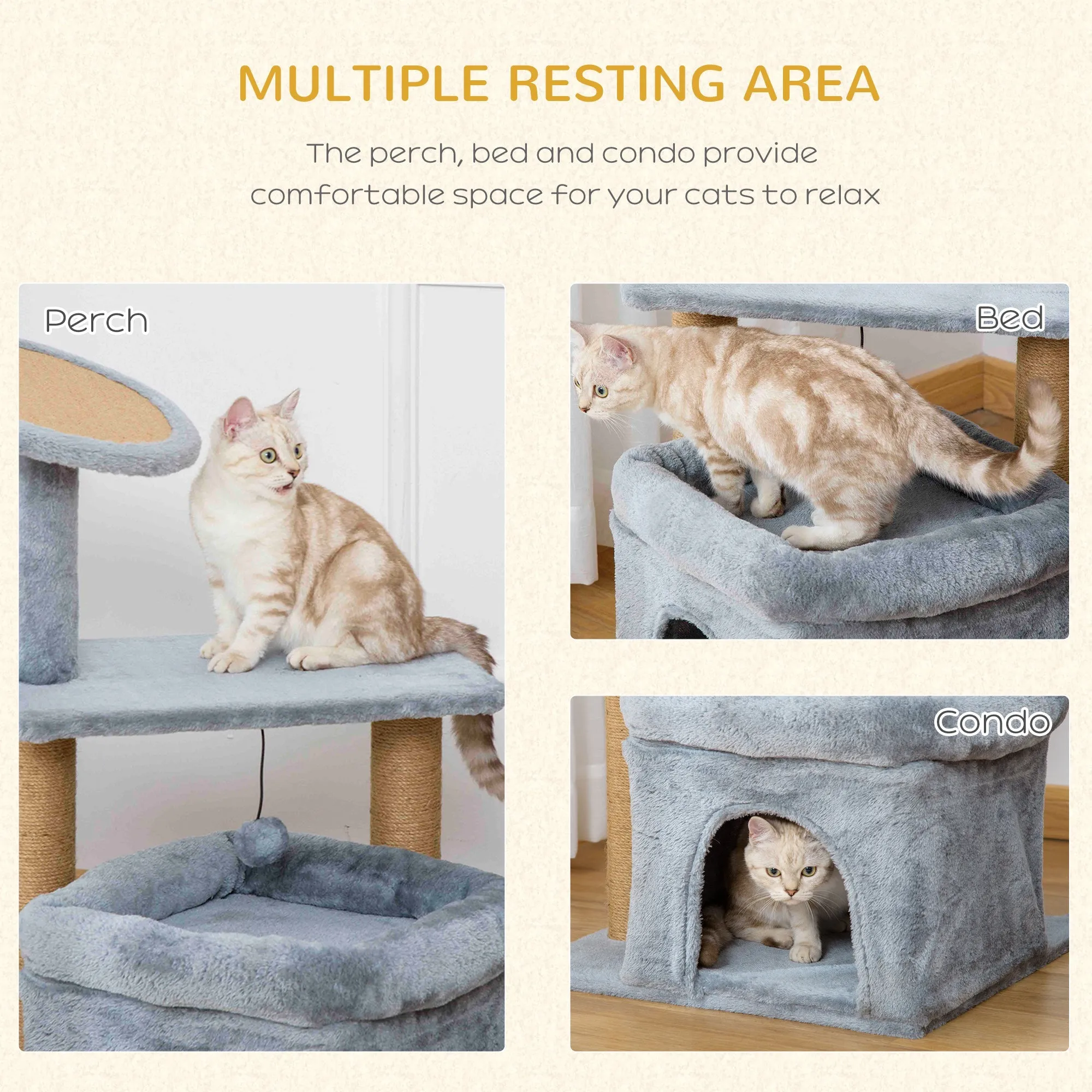 Cat Tree Tower Kitten Activity Center with Scratching Posts Pad Condo Perch Bed Interactive Ball Toy 48 x 48 x 84cm Grey