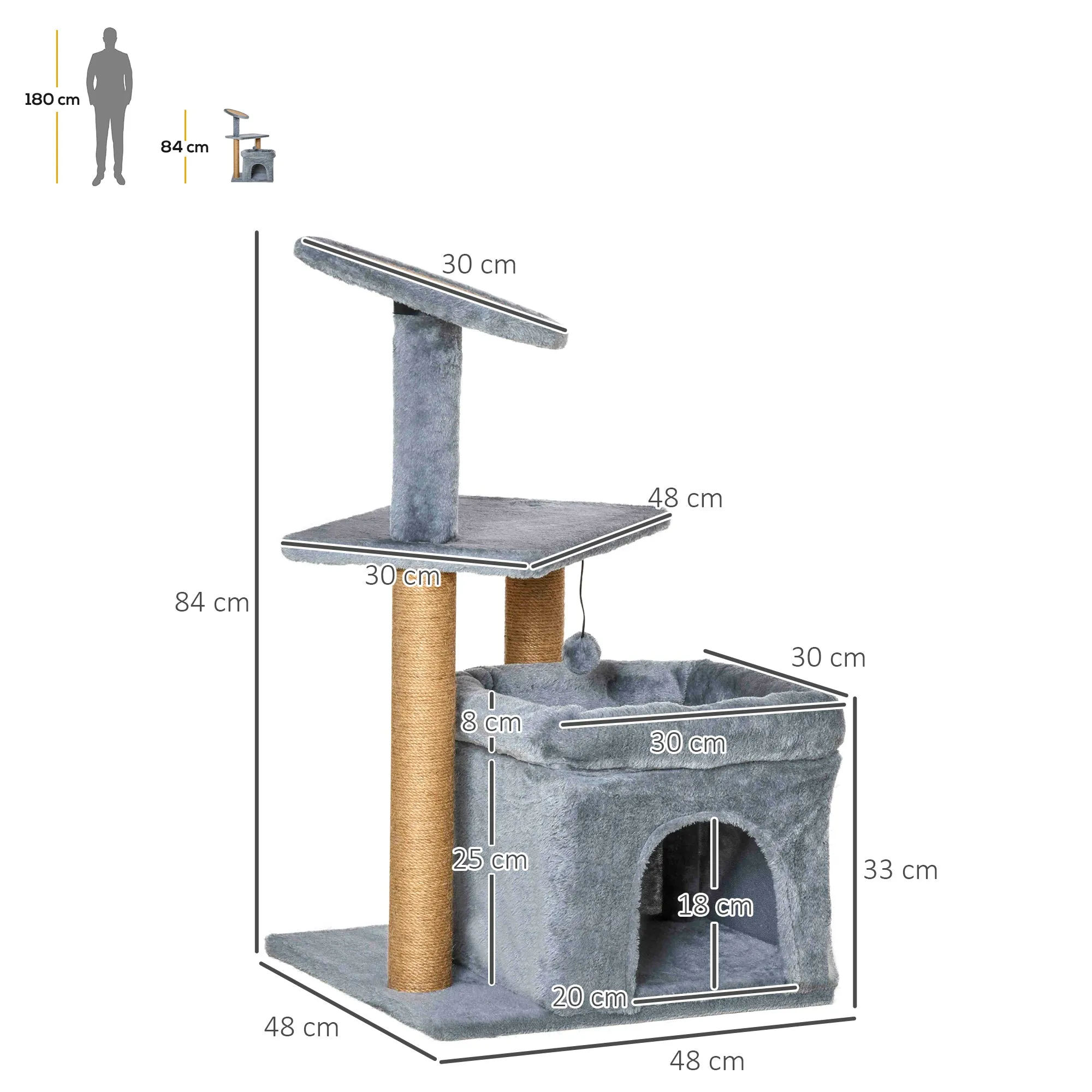 Cat Tree Tower Kitten Activity Center with Scratching Posts Pad Condo Perch Bed Interactive Ball Toy 48 x 48 x 84cm Grey