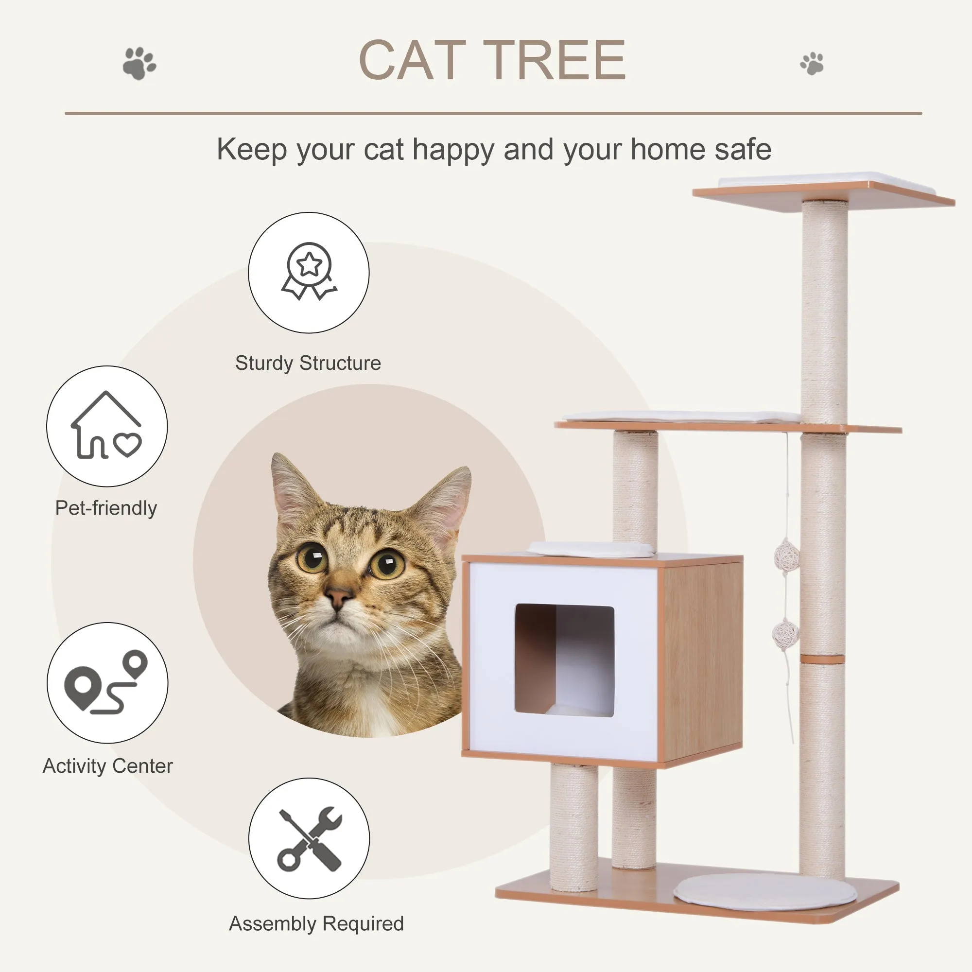 Cat Tree Wooden Cat Scratching Post for Indoor Cats Kitten House Condo Activity CentreWith Cushion Hanging Toy Multi-level