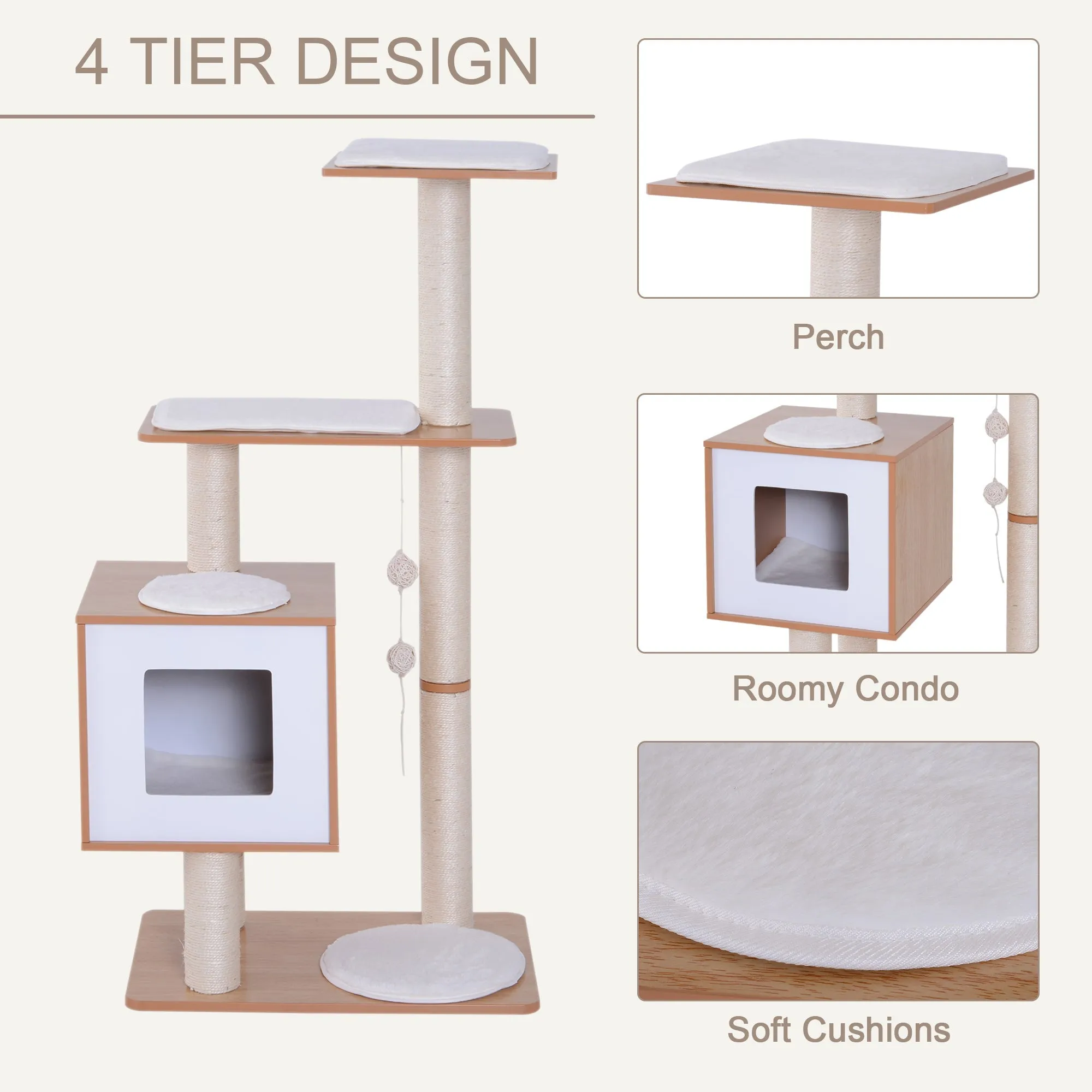 Cat Tree Wooden Cat Scratching Post for Indoor Cats Kitten House Condo Activity CentreWith Cushion Hanging Toy Multi-level