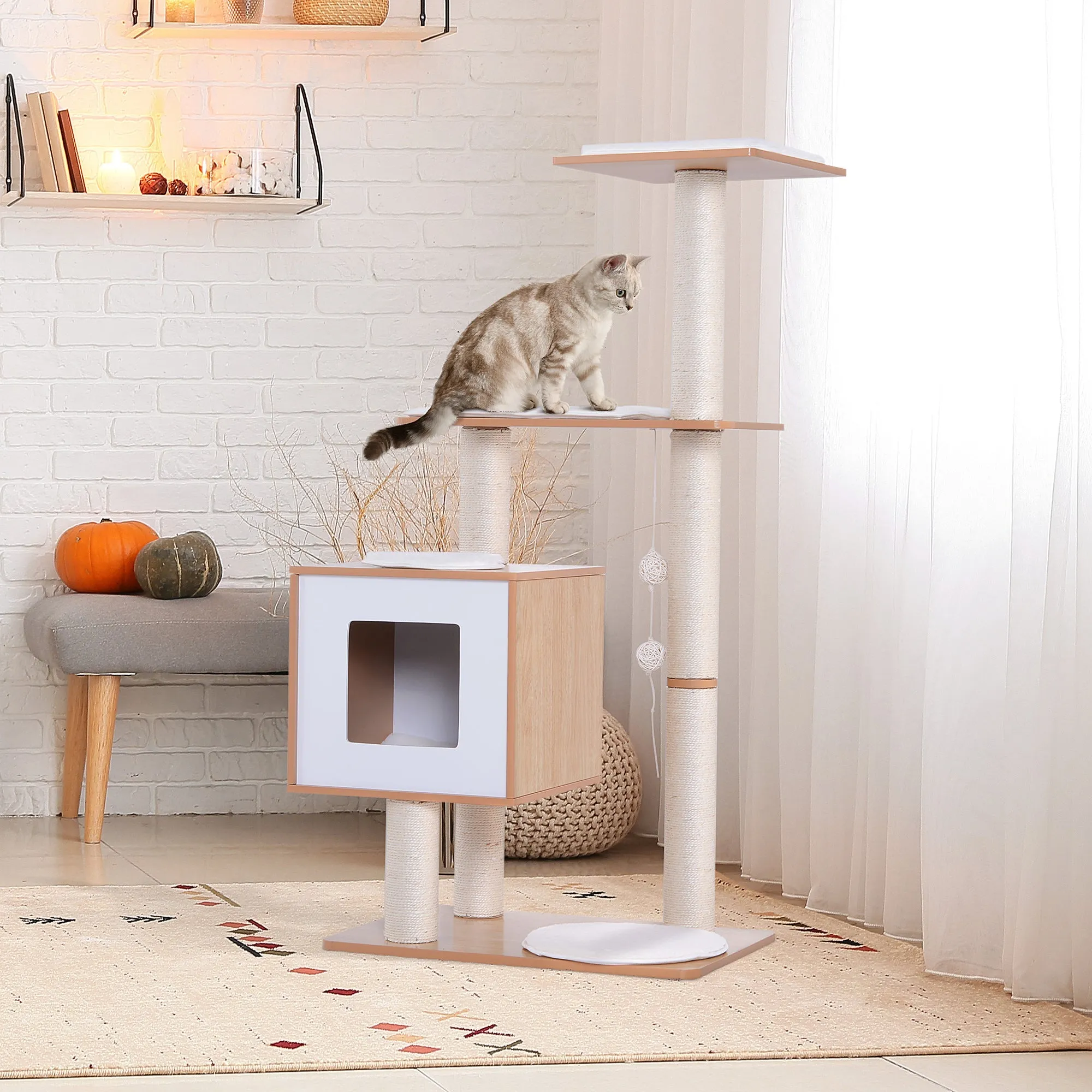 Cat Tree Wooden Cat Scratching Post for Indoor Cats Kitten House Condo Activity CentreWith Cushion Hanging Toy Multi-level