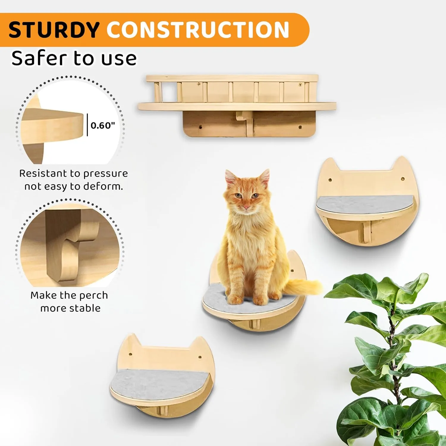 Cat Wall Shelves with 3 Steps  Modern Mounted Cat Wall Furniture & Shelf, Premium Hardwood Cat Bed for Climbing, Sleeping & Lounging, Indoor Hammock for Large Cats