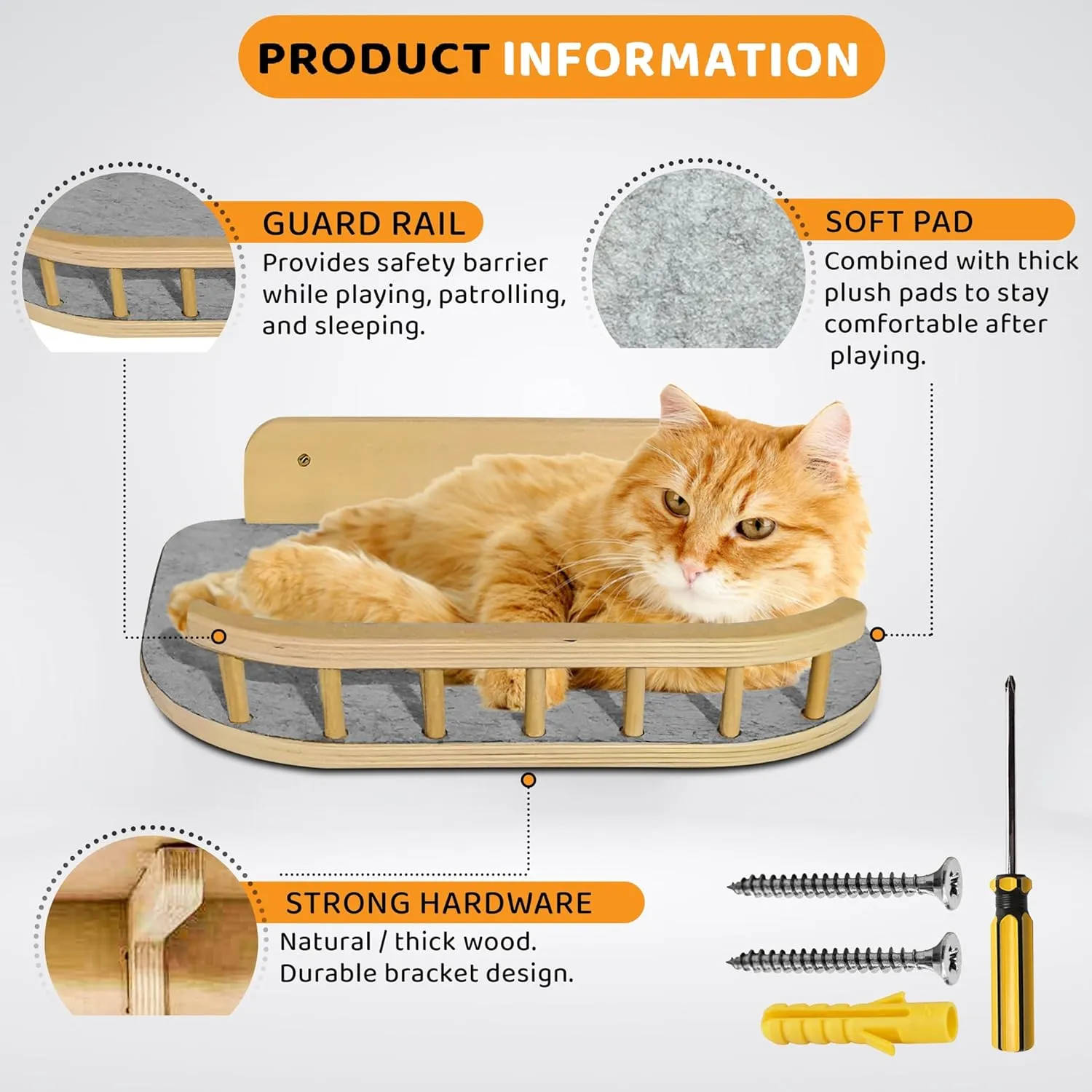 Cat Wall Shelves with 3 Steps  Modern Mounted Cat Wall Furniture & Shelf, Premium Hardwood Cat Bed for Climbing, Sleeping & Lounging, Indoor Hammock for Large Cats