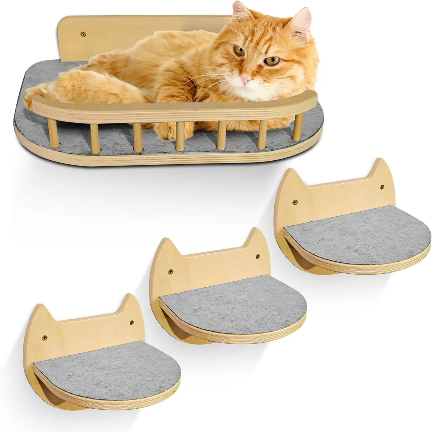 Cat Wall Shelves with 3 Steps  Modern Mounted Cat Wall Furniture & Shelf, Premium Hardwood Cat Bed for Climbing, Sleeping & Lounging, Indoor Hammock for Large Cats