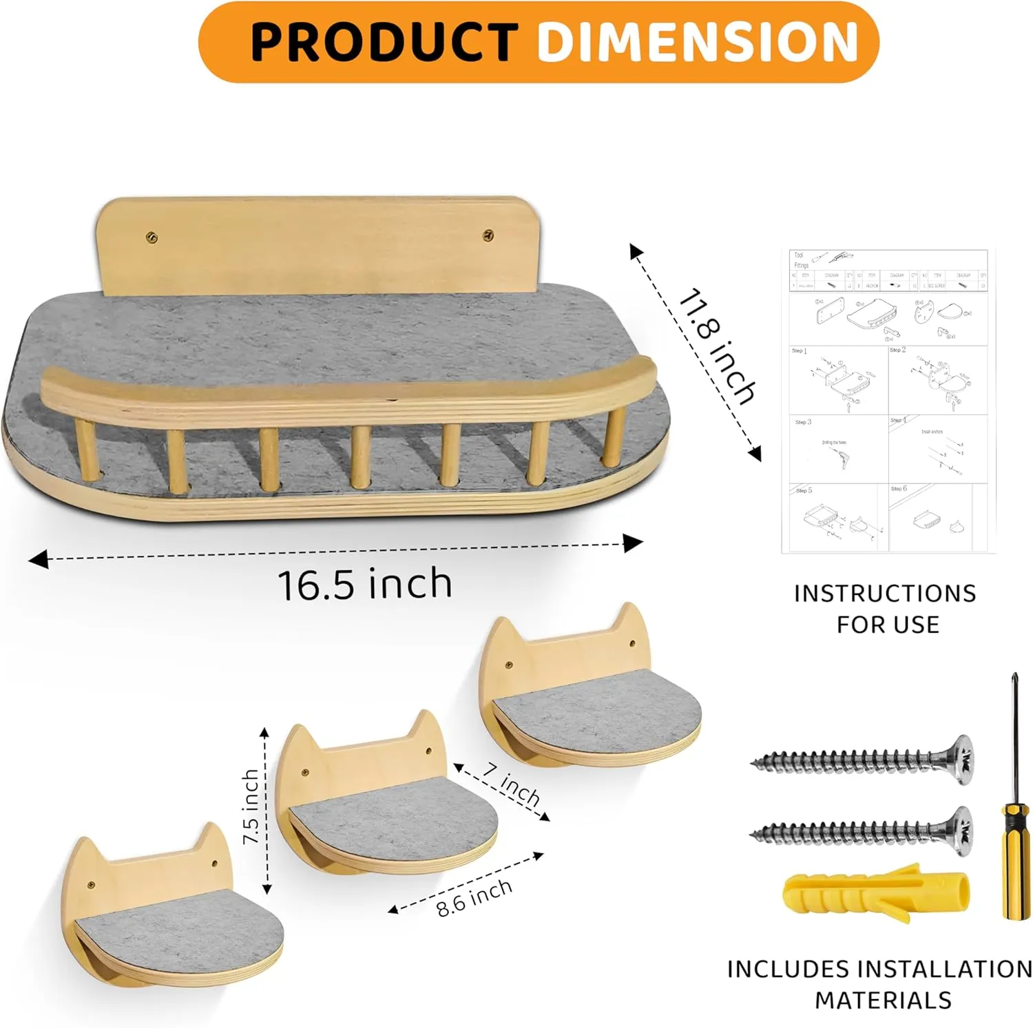 Cat Wall Shelves with 3 Steps  Modern Mounted Cat Wall Furniture & Shelf, Premium Hardwood Cat Bed for Climbing, Sleeping & Lounging, Indoor Hammock for Large Cats