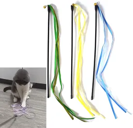 Cat Wand Toys, 3 Pcs Colorful Ribbon Cat Stick Interactive Kitten Playing Wand