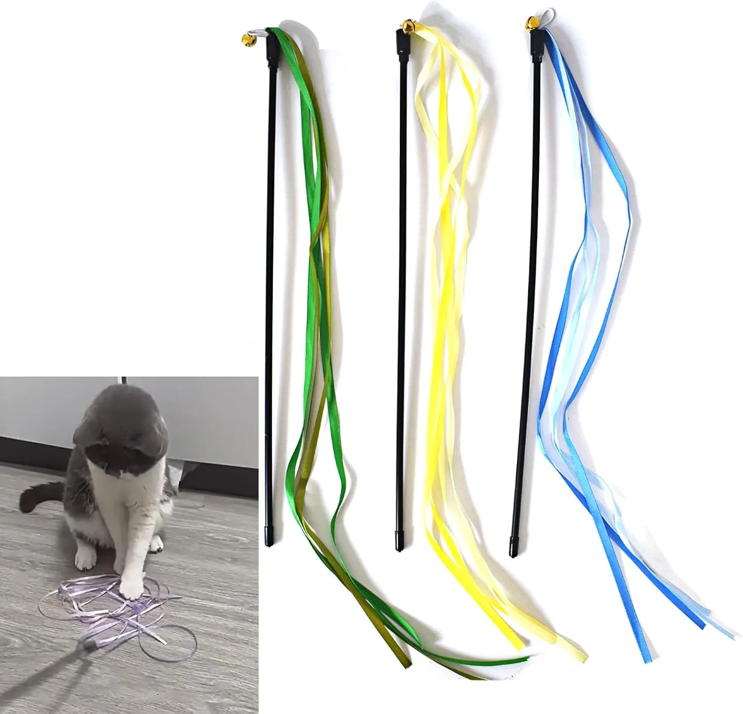 Cat Wand Toys, 3 Pcs Colorful Ribbon Cat Stick Interactive Kitten Playing Wand