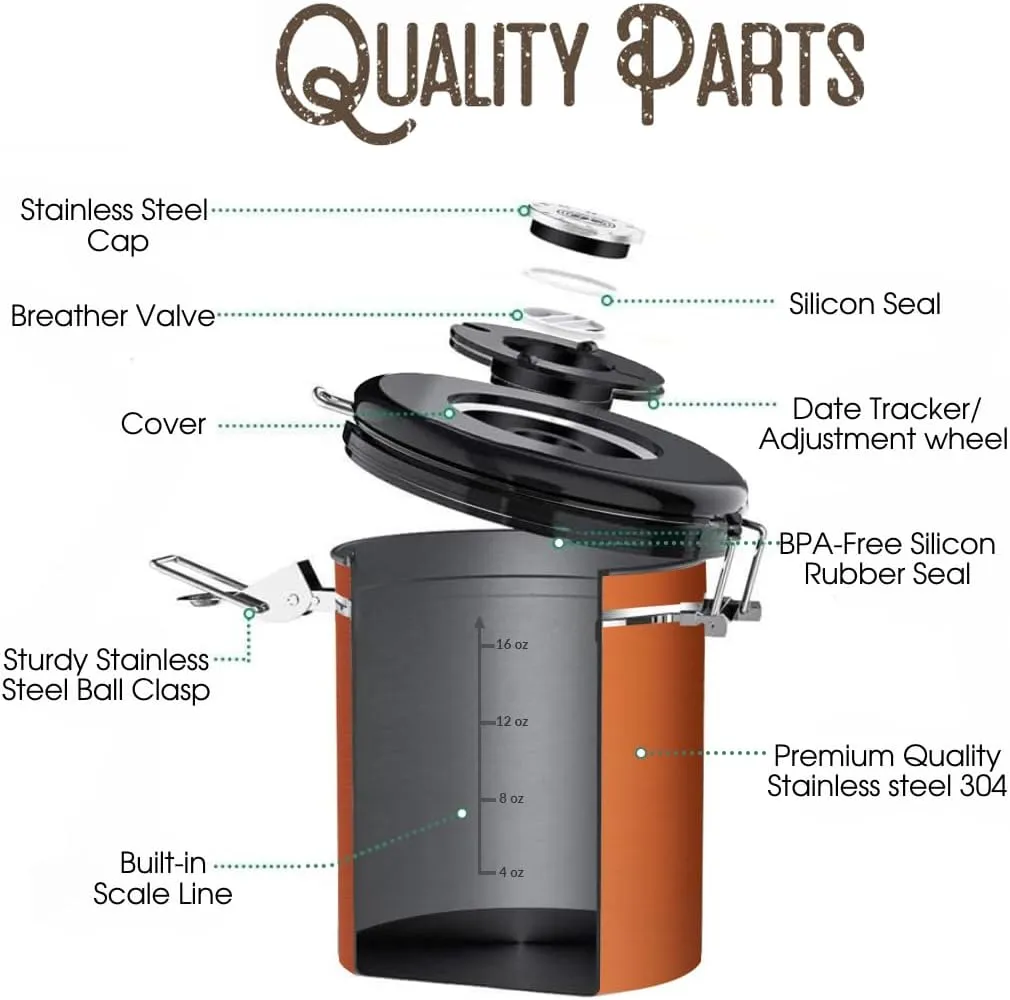 Coffee Grounds and Beans Container Canister with Date Tracker, CO2-Release Valve and Measuring Scoop - Made of Stainless Steel with Airtight Lids - Medium, 16oz, Copper