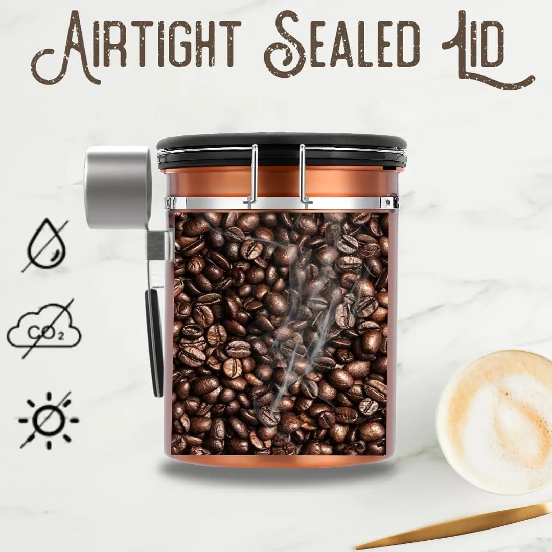 Coffee Grounds and Beans Container Canister with Date Tracker, CO2-Release Valve and Measuring Scoop - Made of Stainless Steel with Airtight Lids - Medium, 16oz, Copper