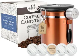 Coffee Grounds and Beans Container Canister with Date Tracker, CO2-Release Valve and Measuring Scoop - Made of Stainless Steel with Airtight Lids - Medium, 16oz, Copper