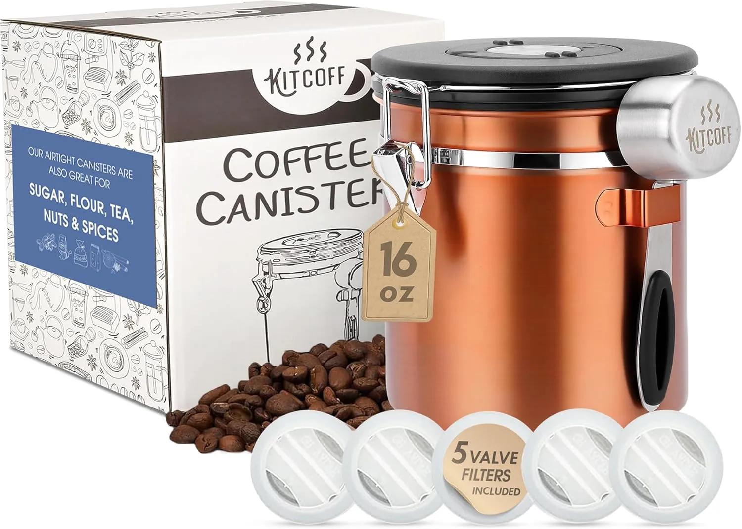 Coffee Grounds and Beans Container Canister with Date Tracker, CO2-Release Valve and Measuring Scoop - Made of Stainless Steel with Airtight Lids - Medium, 16oz, Copper