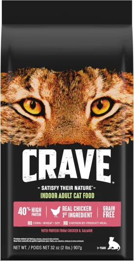 CRAVE Grain Free Indoor Adult High Protein Natural Dry Cat Food with Protein from Chicken & Salmon, 2 lb. Bag