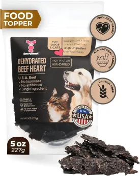 Dehydrated Beef Heart Jerky Treats for Dogs & Cats - 5 oz One Single Ingredient All-Natural Taurine, Grain-Free, High Protein, Air Dried Premium Quality Raw Chew Treat for Training, Rewards, Dental
