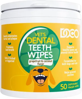 DOCO Dog Teeth Cleaning Wipes Dental Finger Wipes for Cats & Dogs Remove Plaque & Tartar, Freshen Breath, No Rinse, Easy Pet Tooth Cleaning Kit for Oral Care, Coconut & Grapefruit Flavor, 50 Count