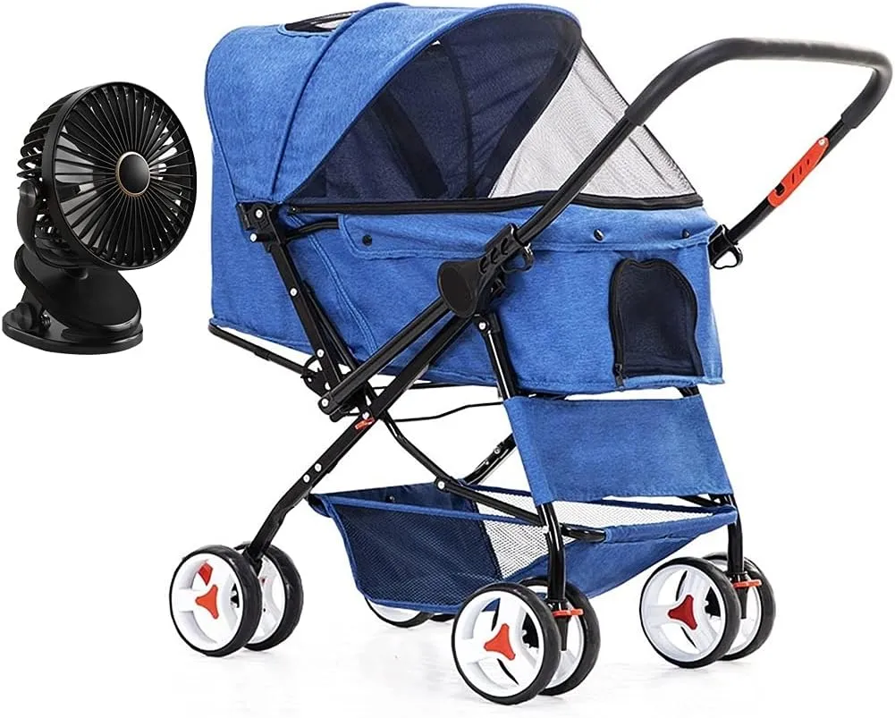 Dog Strollers for Medium Small Dogs 4 Wheel Cat/Dog Stroller Cheap Easy One-Hand Fold Reversible Push Handle Pet Stroller Puppy & Kitten Carrier with Stroller (Blue)