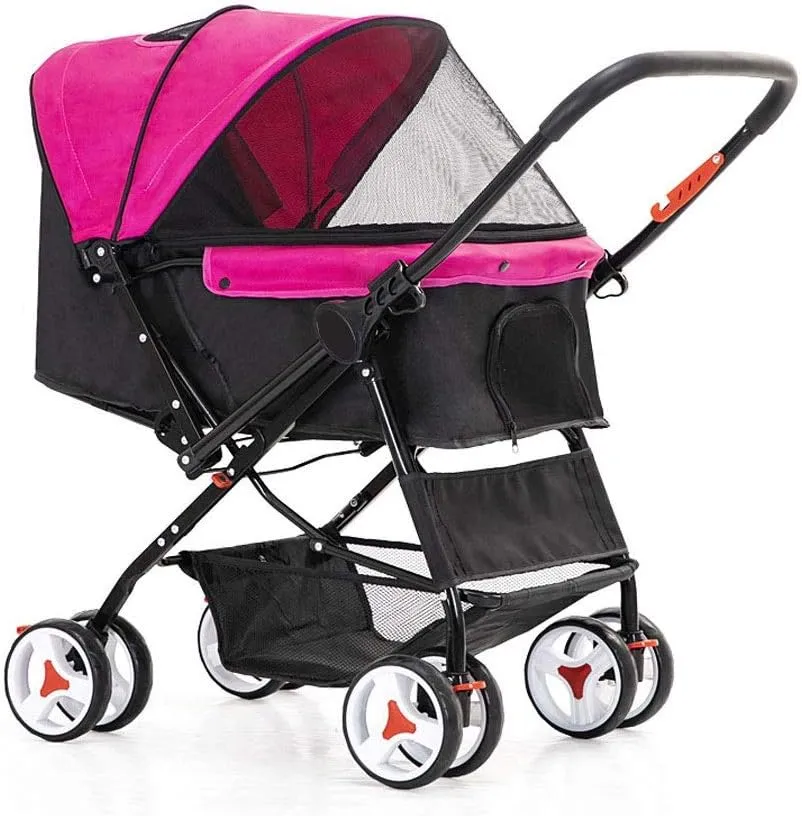 Dog Trolley Cat/Dog Stroller Easy Onehand Fold 4 Wheel Dog Strollers for Medium Small Dogs Reversible Push Handle Pet Stroller Puppy & Kitten Carrier Extended