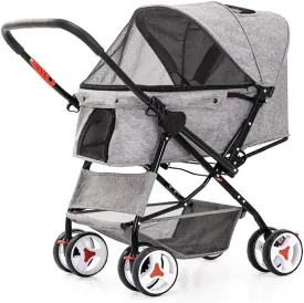 Dog Trolley4 Wheel Dog Strollers for Medium Small Dogs Cat/Dog Stroller Easy Onehand Fold Reversible Push Handle Pet Stroller Puppy & Kitten Carrier Extended