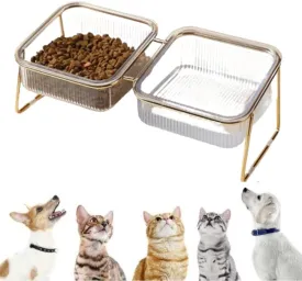 Elevated Cat Bowls, Elevated Dog Double Bowls, Cat Bowls Raised, Feeding Bowls for Cats and Dogs, Pet Food Bowls Elevated, with Stainless Steel Gold Stand 15 Tilted,Transparent Pet Bowl.