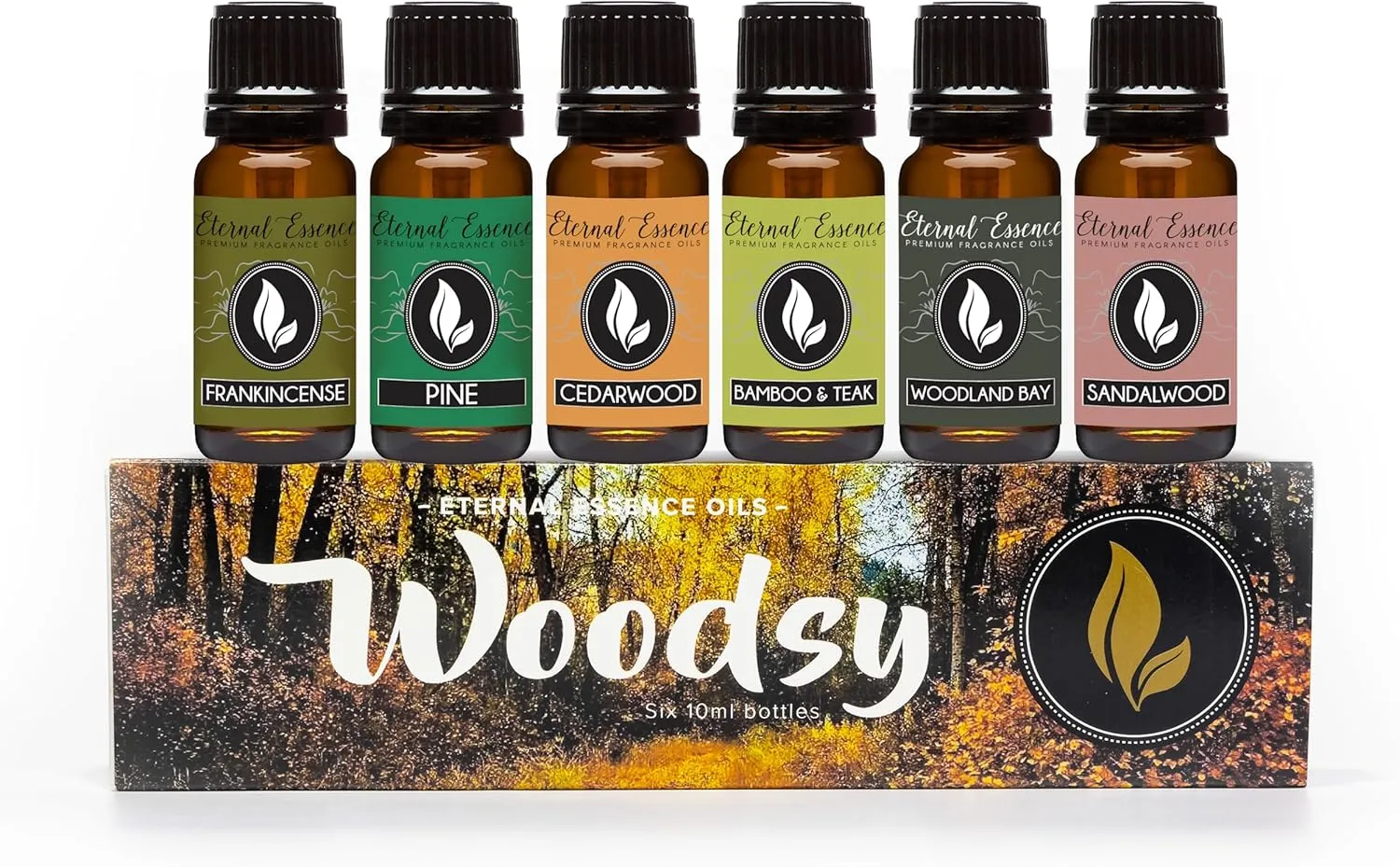 Eternal Essence Oils Woodsy Premium Fragrance Oils Set - Including Pine, Cedar Wood, Sandalwood, Bamboo & Teak, Woodland Bay and Frankincense - Rustic and Woody Scented Oils (6 Pack)