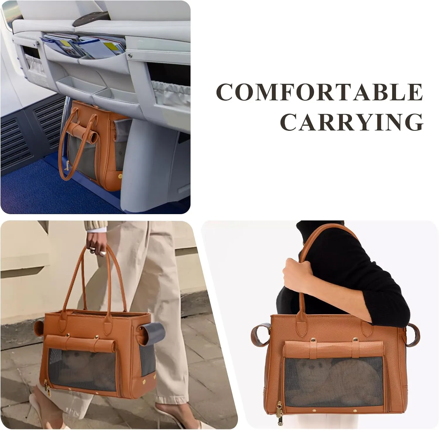 Fashion Pet Carrier Purse for Small Cat and Dog, Luxury Pu Soft-Sided Tote Bag with Large Pockets for Dogs and Puppies (Brown, 15.8" L x 7.5" W x 11.8" H)