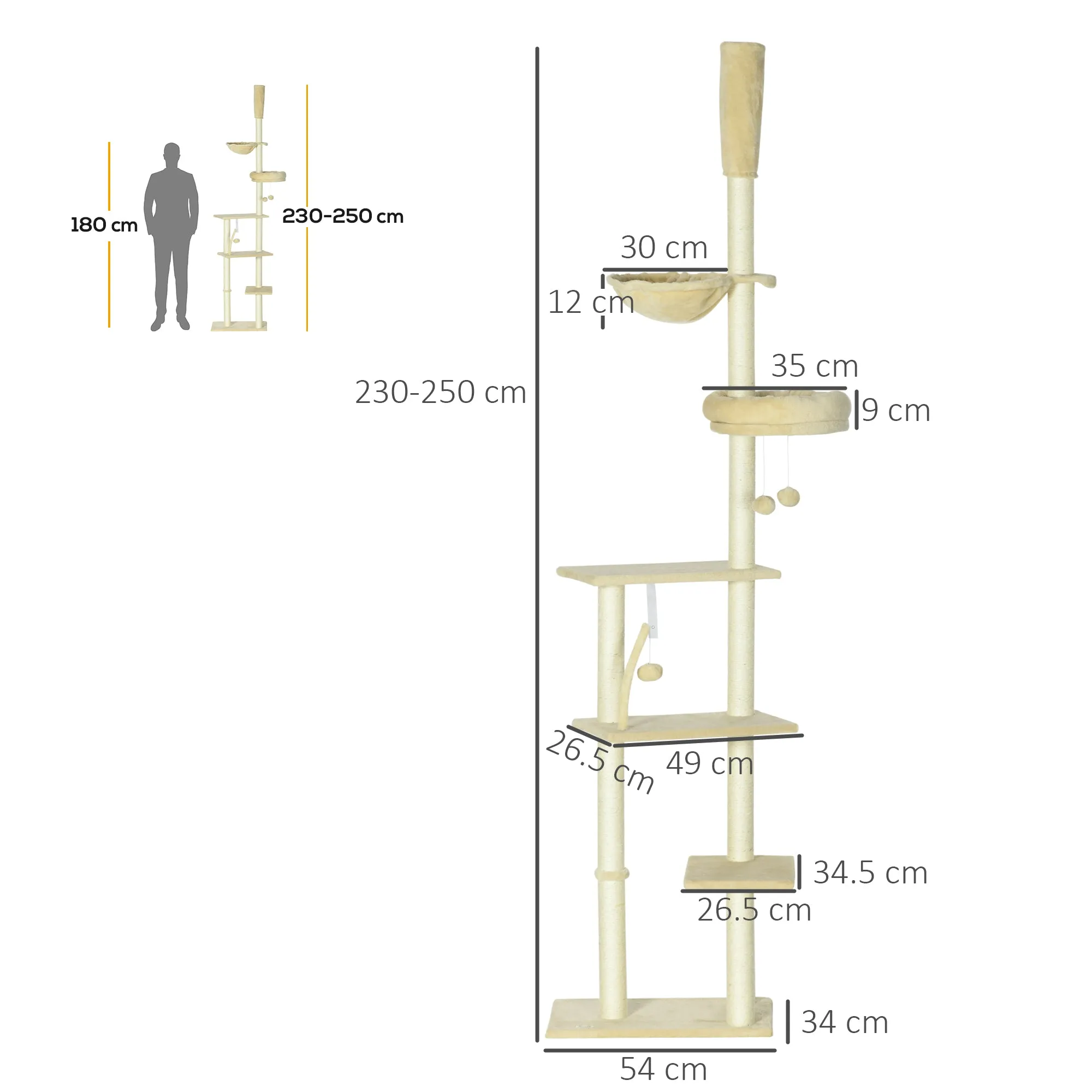 Floor to Ceiling Cat Tree 6-Tier Play Tower Climbing Activity CenterWith Scratching Post Platforms Adjustable Height Beige