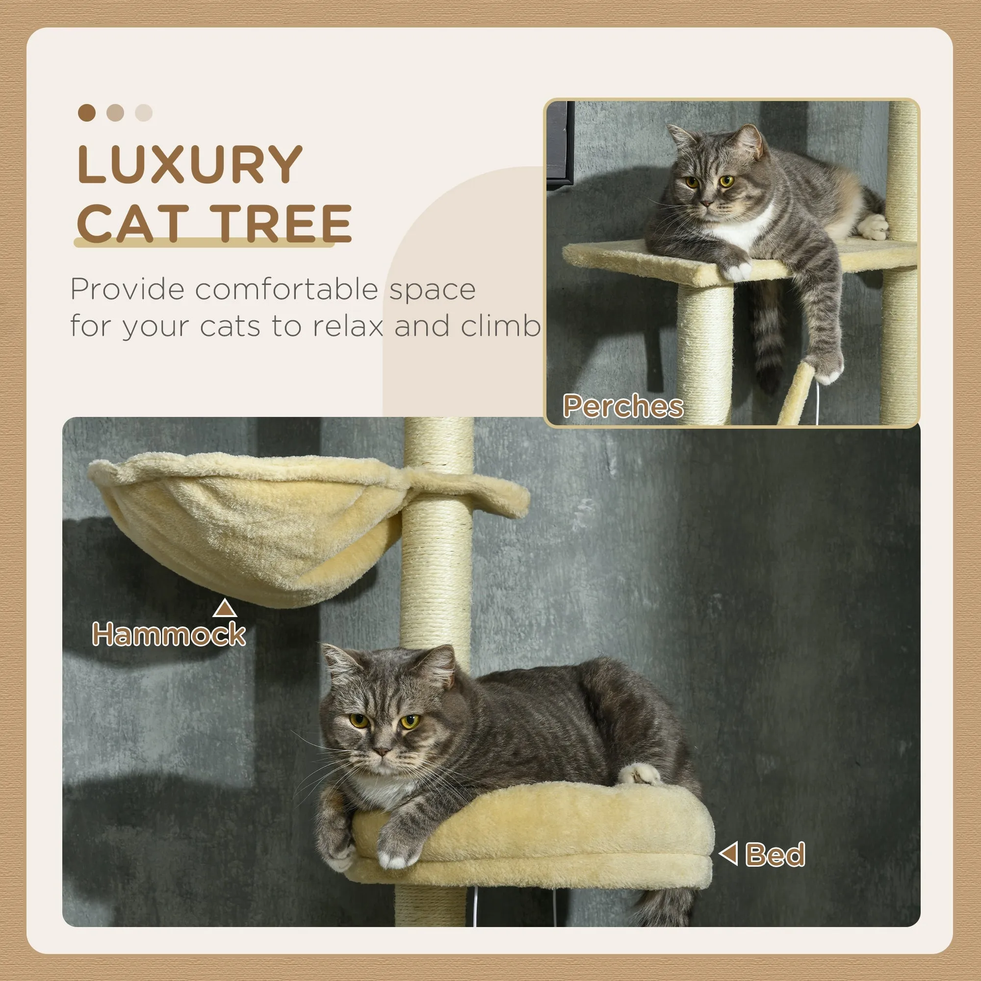 Floor to Ceiling Cat Tree 6-Tier Play Tower Climbing Activity CenterWith Scratching Post Platforms Adjustable Height Beige