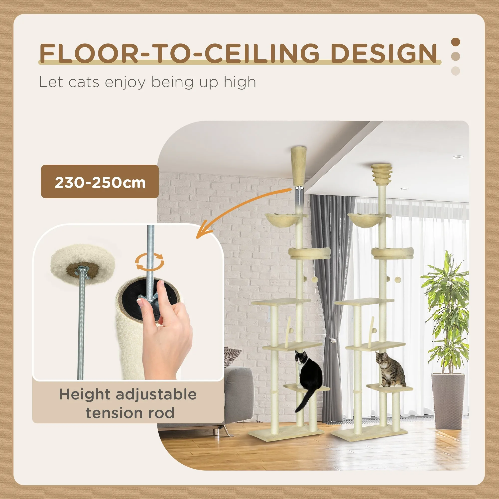 Floor to Ceiling Cat Tree 6-Tier Play Tower Climbing Activity CenterWith Scratching Post Platforms Adjustable Height Beige