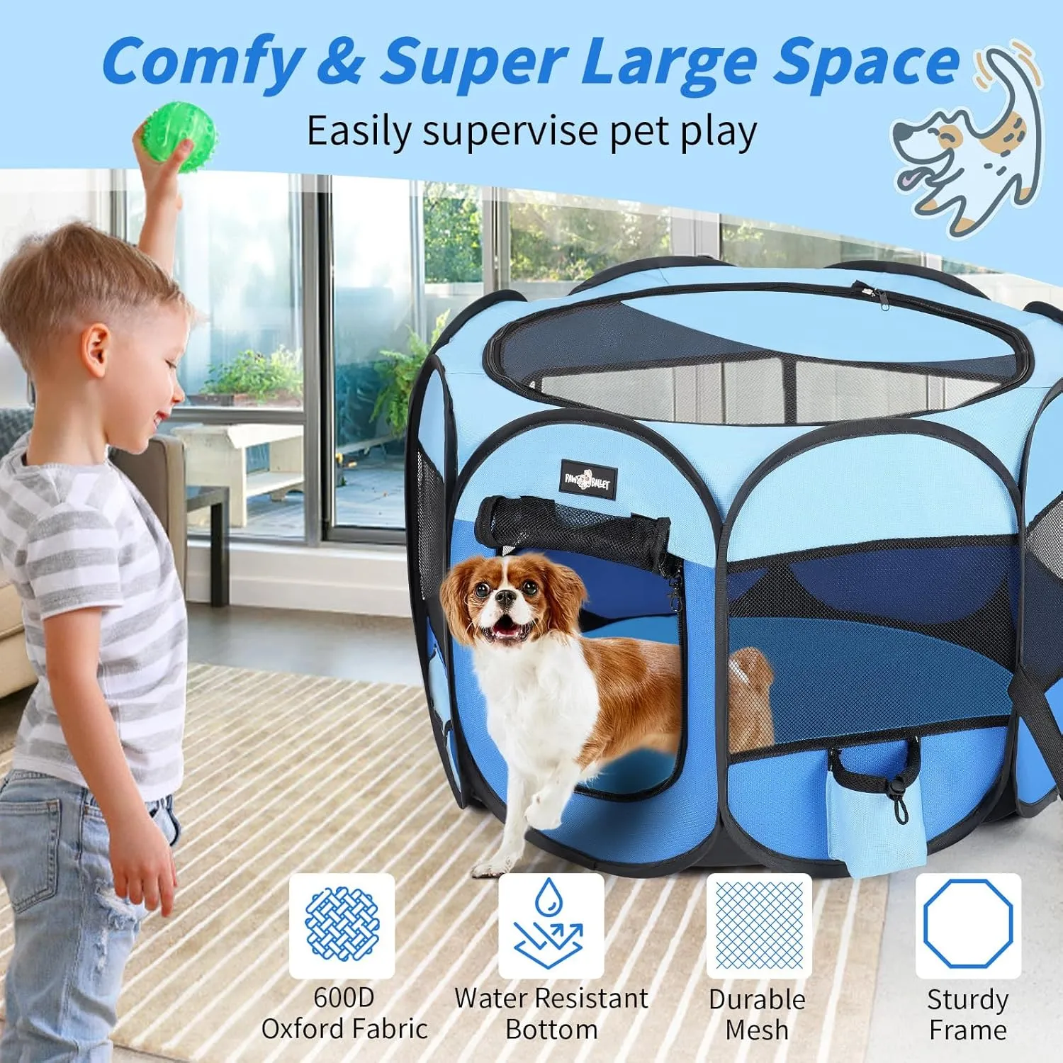 Foldable Pet Cat Playpen, Portable Pet Dog Playp en for Small Dog Cat, Puppy Kitten Pen with Free Carrying Case & Waterproof Pad, Pop up Pet Playpen for Indoor Outdoor Use